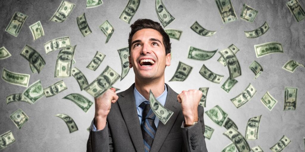 A man with US dollars raining on him, representing earning from Forex trading.